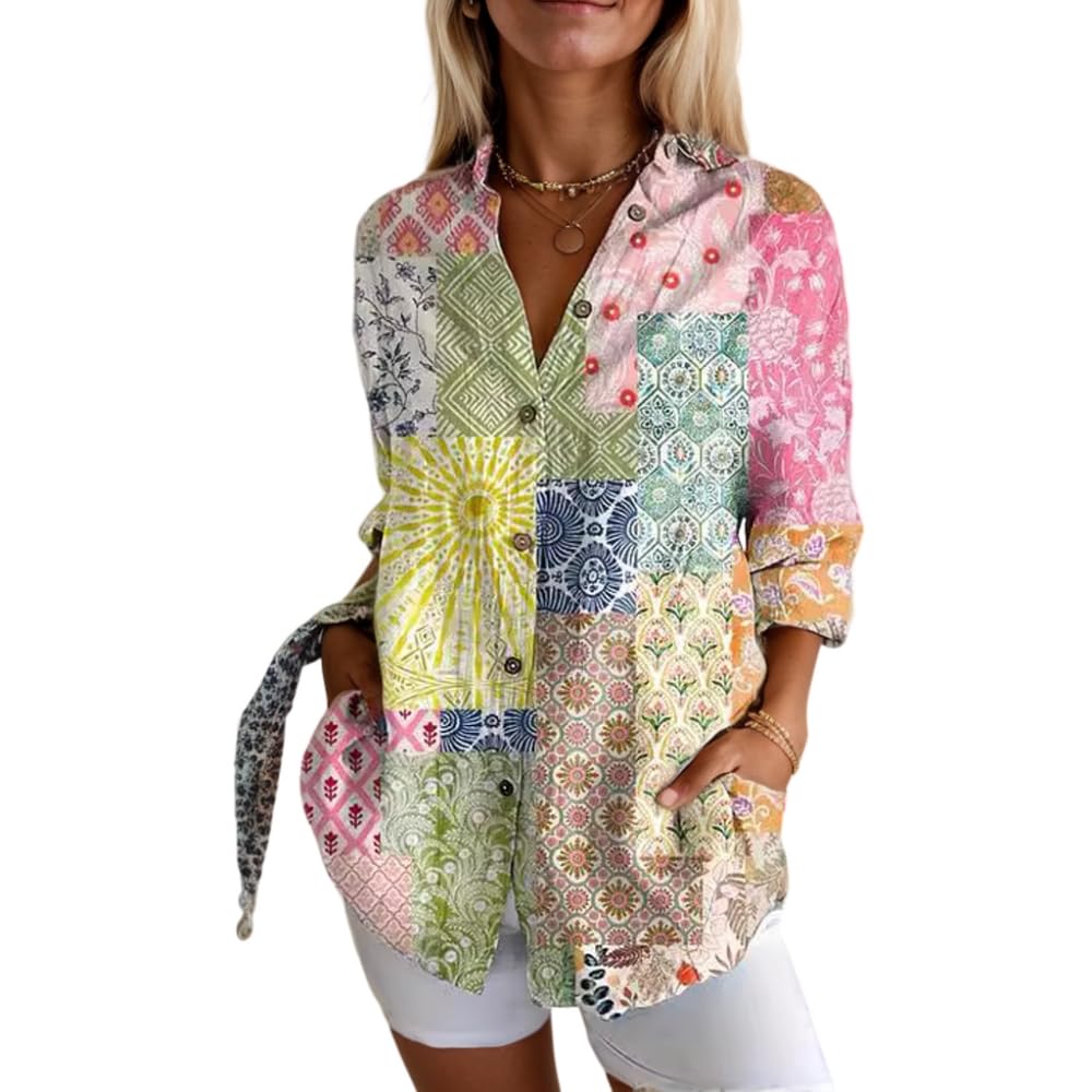 Women's Spring Summer Colorful Floral Printed Linen Blouse Shirt with Pocket Casual Button Long Sleeve Oversized Tops