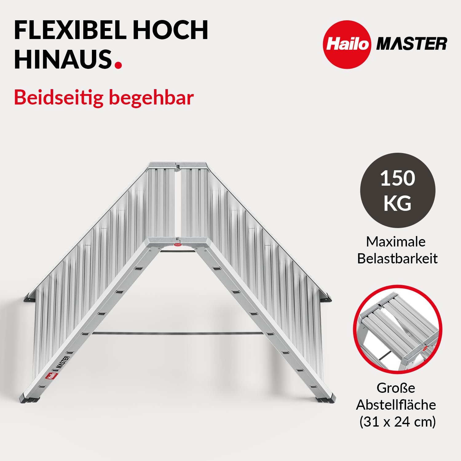 Hailo Master D100 Aluminium Doppelstufenleiter – beidseitig begehbare Stufenleiter - breite Rutschhemmende Stufen - große Abstellfläche - 2 x 8 Stufen - EN 131 geprüft - belastbar bis 150 kg