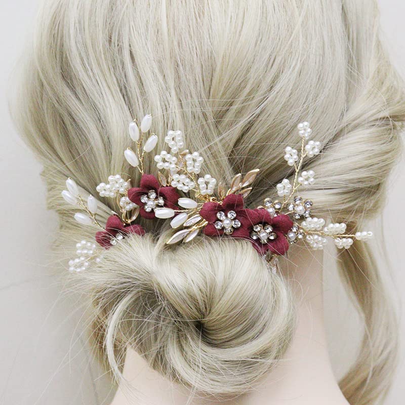 Wine Red Bridal Hair Comb, 2PCS Hair Pins, Pearls, Flower  display picture 1