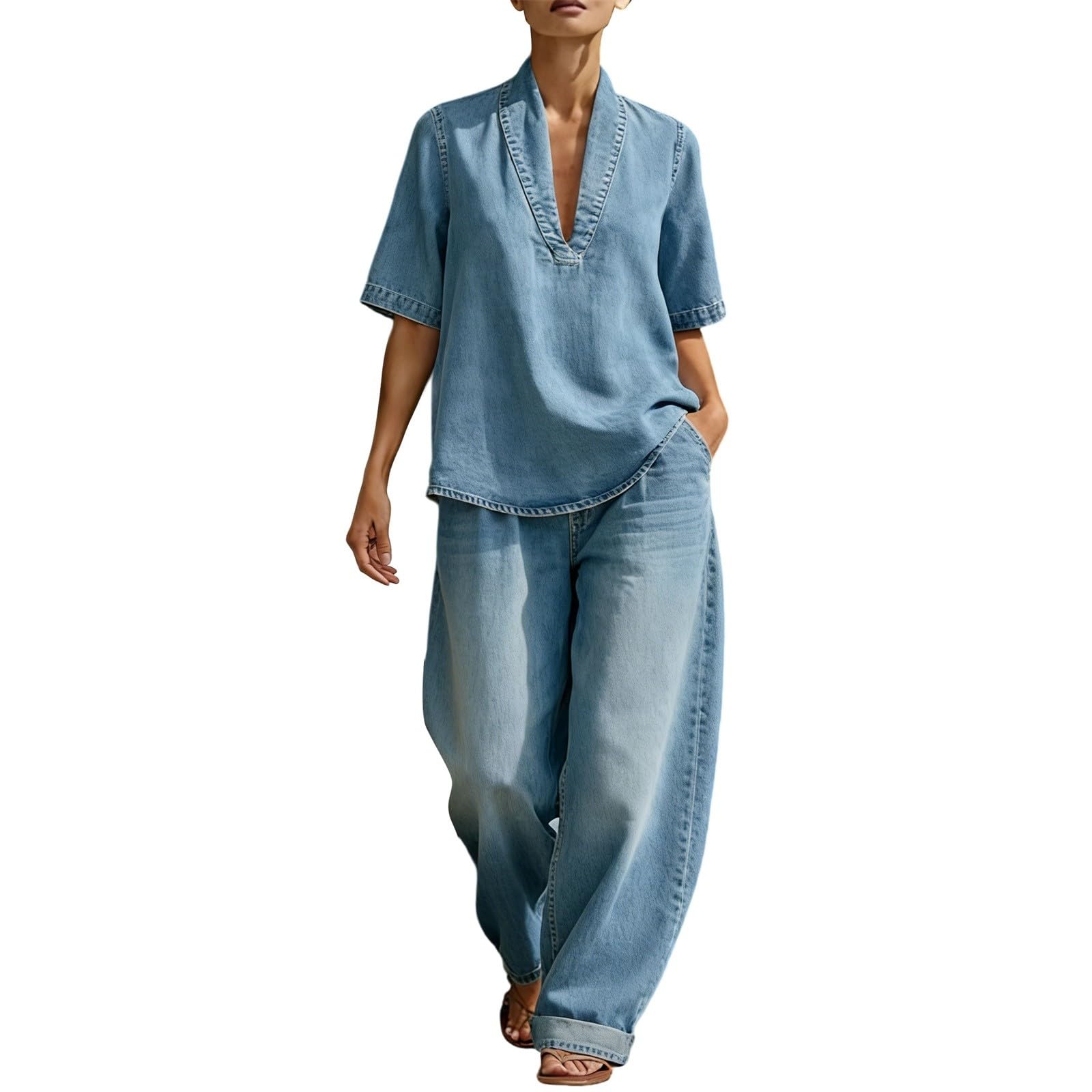 Conjunto de pantalones vaqueros para mujer, verano, elegante, 2 piezas, algodón, holgado, suelto, elegante, informal, ligero, con cordón, correr en casa, san mangas, camisa con cuello en V, pantalones
