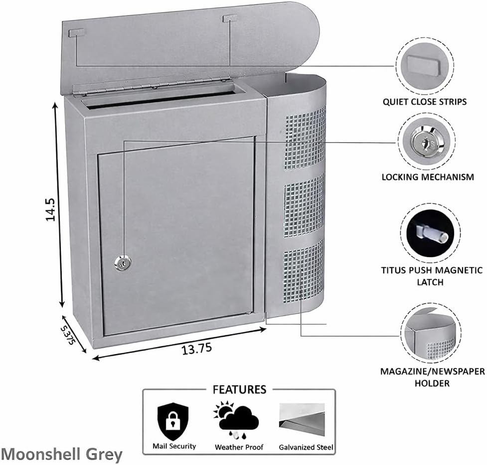 58744 Modern Mailbox Magazine Newspaper Holder, Rust & Weather Proof Steel Design, Vertical Wall Mount - Grey