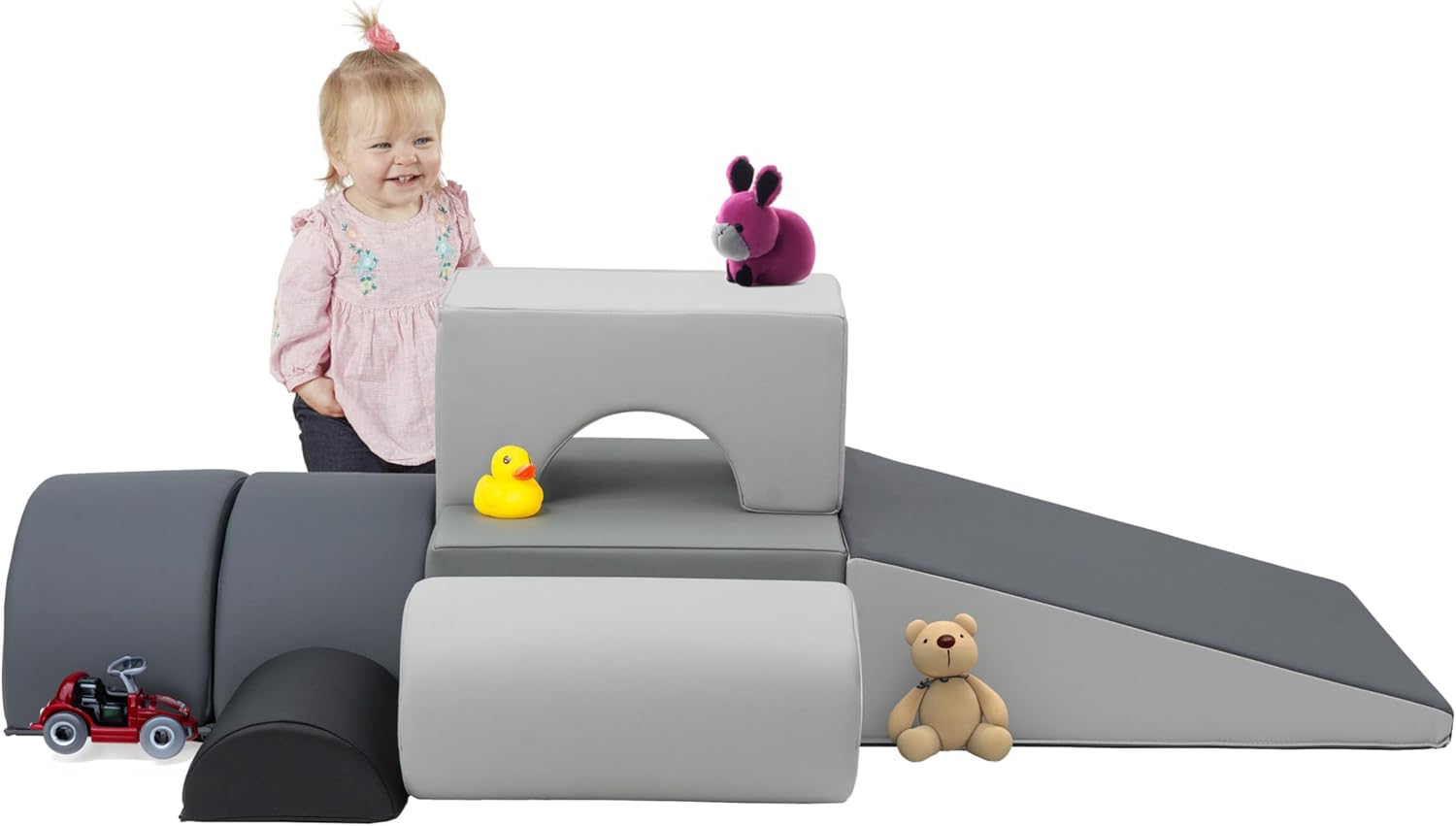 FDP SoftScape Playtime and Climb Multipurpose Playset for Infants, Toddlers 10m-2yrs Climber and Block Play, Learn Gross Motor Skills at Home or Daycare (6-Piece) - Gray/Light Gray, 12364-GYLG