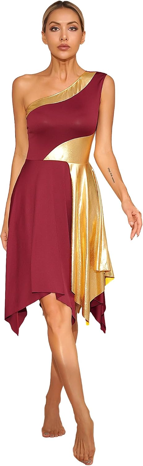 Women's Metallic Color Block Praise Lyrical Dance Dress Sleeveless Liturgical Worship Tunic Irregular Hem Dancewear