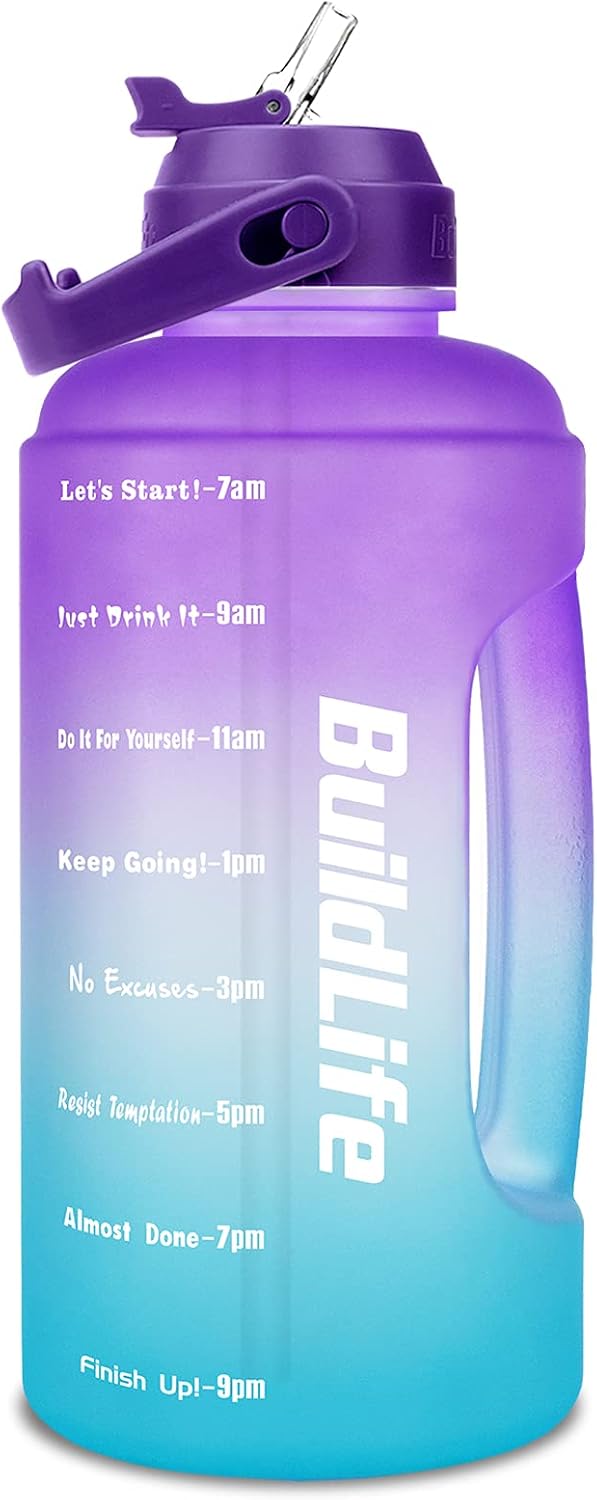 BuildLife Half Gallon Water Bottle - BPA Free Leakproof Water Jug Gradient Motivational Time Marker with Straw & Phone Holder Handle to Remind You Drink More Water