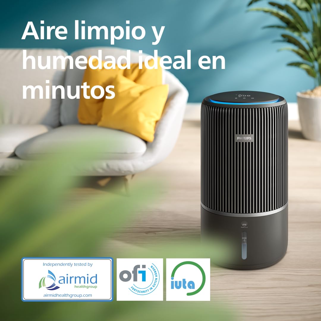 Philips 3400 Series Purificador y humidificador de aire 2 en 1, HEPA NanoProtect + filtro de carbón activo, humidificación higiénica a 650 ml/h, CADR 300 m³/h para 78 m² (AC3421/13)