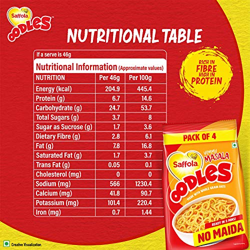 Image of Saffola Oodles,Instant Noodles,Ring Shape,Yummy Masala Flavour,No Maida,Whole Grain Oats,12 x 46 grams Pouch (12 Serves)