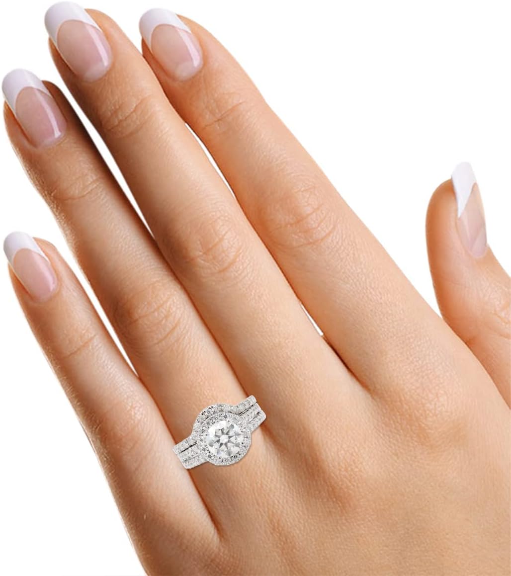 SAVEARTH DIAMONDS Halo Ring, 2 1/2 Cttw Center 6.5MM Round Lab Created Moissanite Diamond With Accents Bridal Set Ring In 14k Gold Over Sterling Silver (VVS1 Clarity, 2.50Cttw)