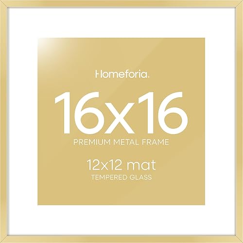 Homeforia - Marco cuadrado de 16 x 16pulgadas, cuadrado estándar, con paspartú a 12 x 12pulgadas, para fotos, vidrio templado, gancho de pared