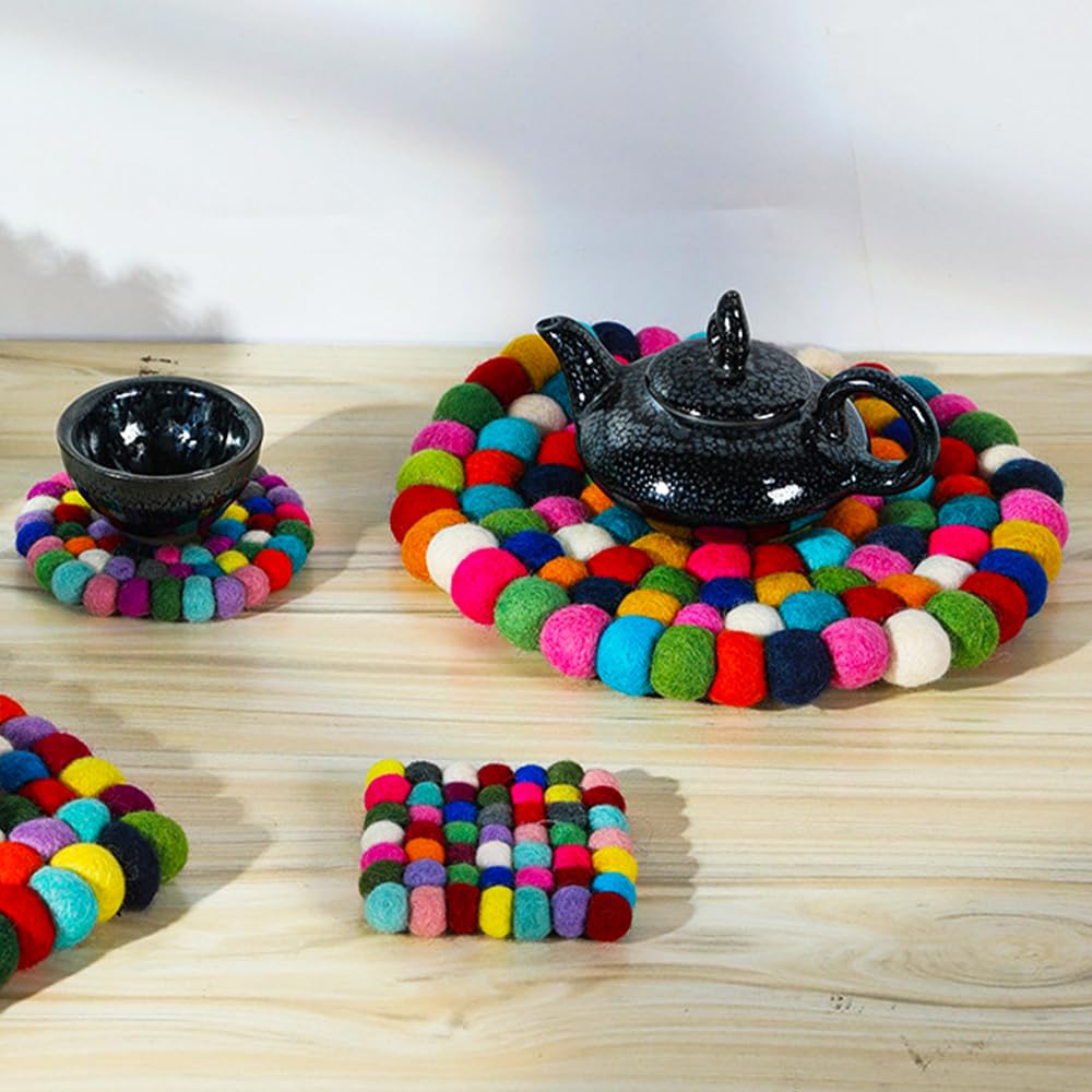 Felt Balls 20cm Wool Pot Trivet From Nepal - Heat Resistant Table Protector With Colorful Felt Ball Design 270284 - View #5