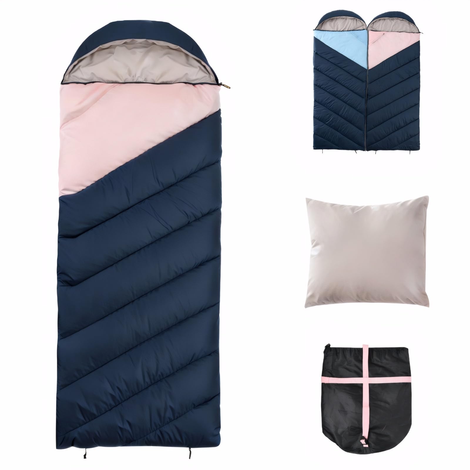 Sac De Couchage 3-4 Saisons 220x80cm Léger 2kg - Imperméable Avec Oreiller Et Capuche - Camping Randonnée