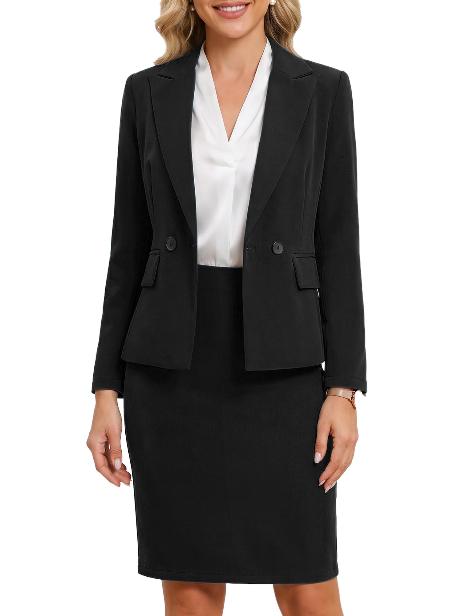 Allegra K Ensemble jupe 2 pièces pour femme - Blazer à double boutonnage et jupe crayon