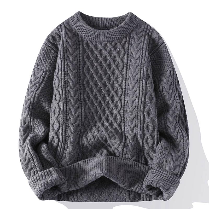 Men's Solid Color Round Neck Wool Sweater Winter Warm Long Sleeve Cable Knit Tops2