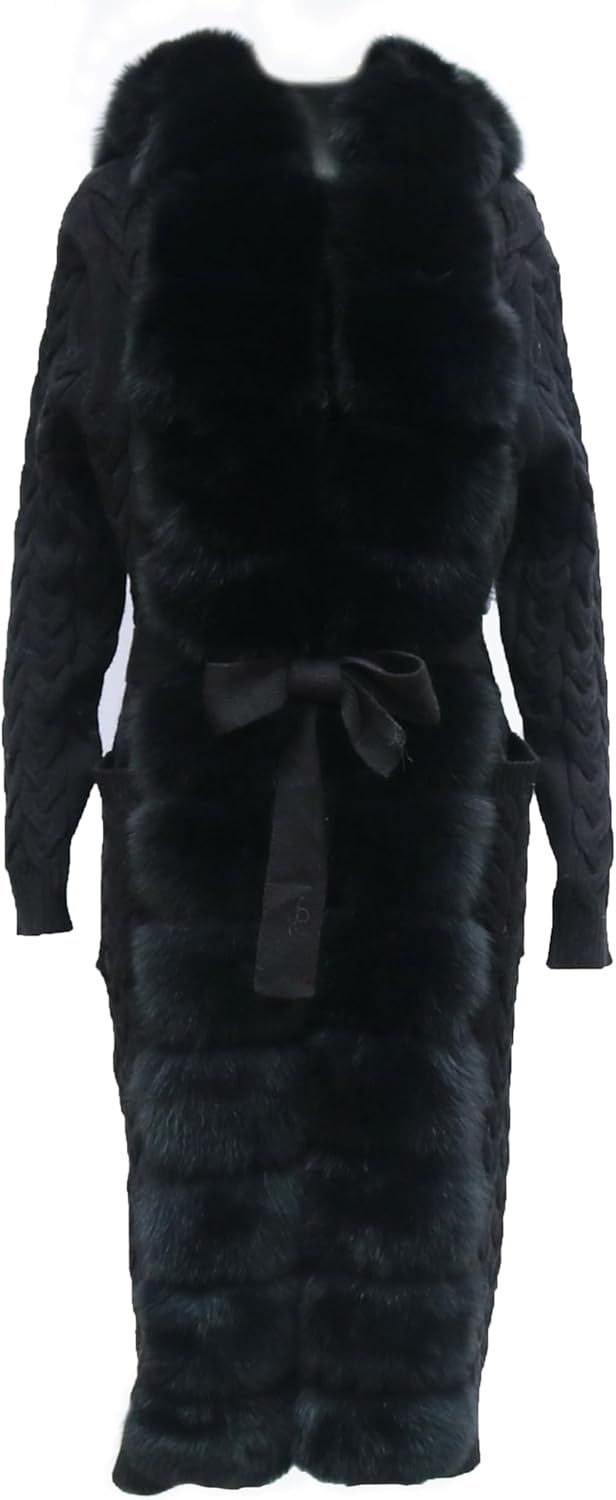 Women's Cardigan Hood Knitted Cardigan Long Big Front Fur Trim Women Knitted Sweater