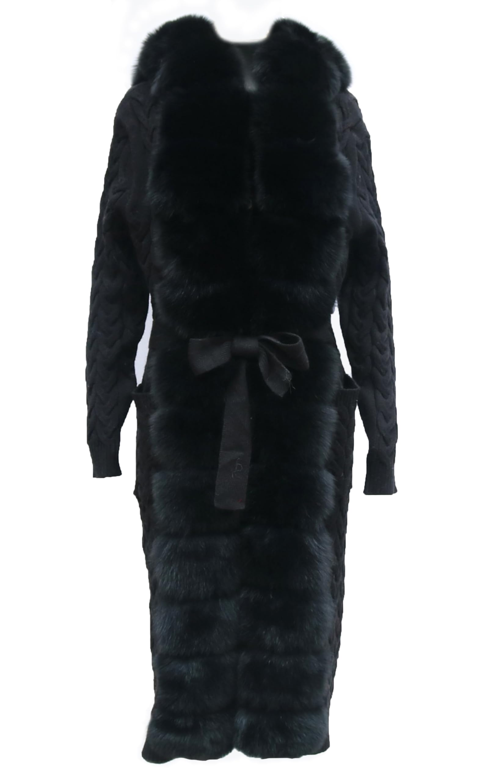 Womens Cardigan Hood Knitted Cardigan Long Big Front Fur Trim Women Knitted Sweater