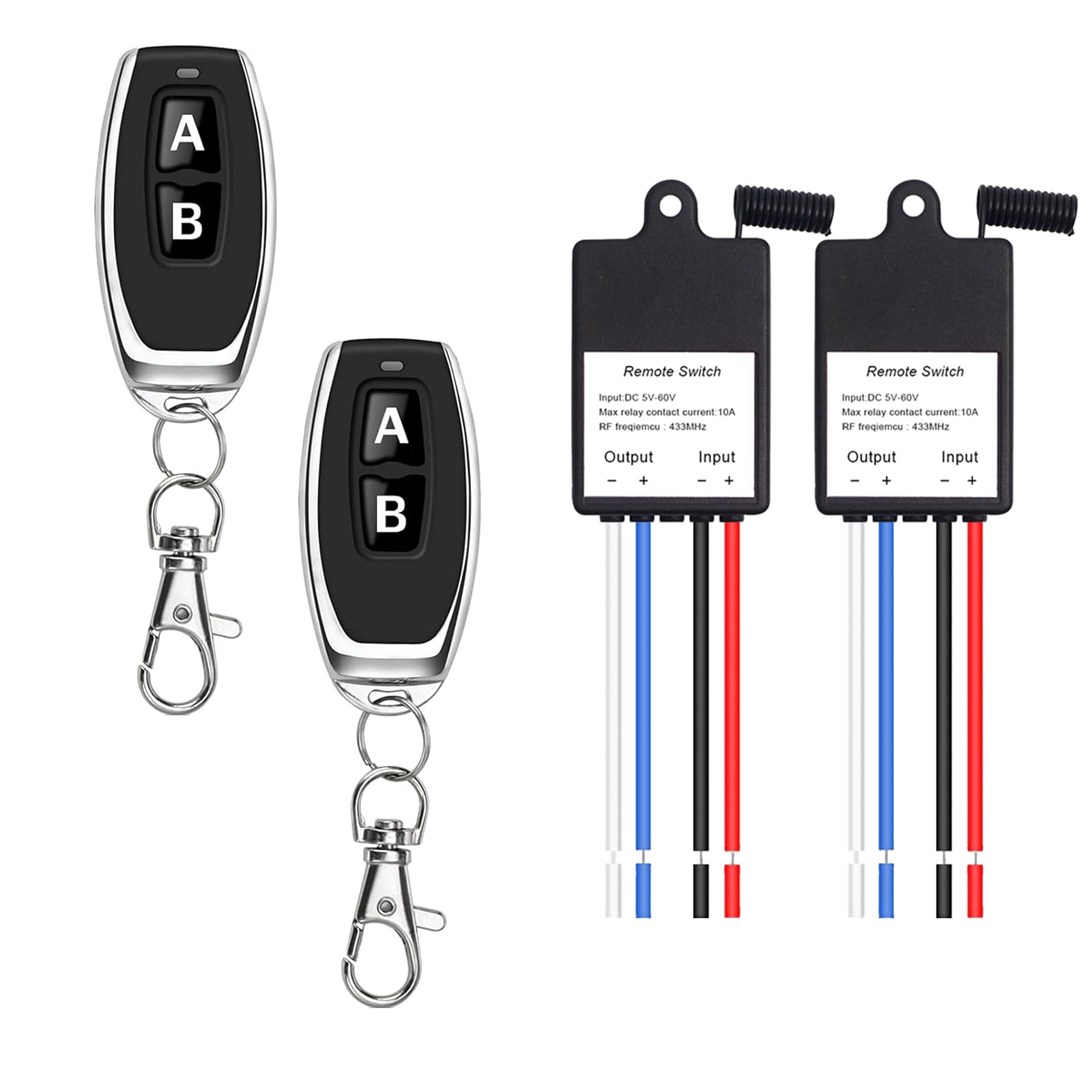 QIACHIP 12V Funkschalter mit Fernbedienung 433MHz, 1 Kanal Funkrelais | DC 5-60V 10A, für LED-Lampen, Wasserpumpen und DC-Lüfter, 2 Empfänger und 2 Fernbedienungen