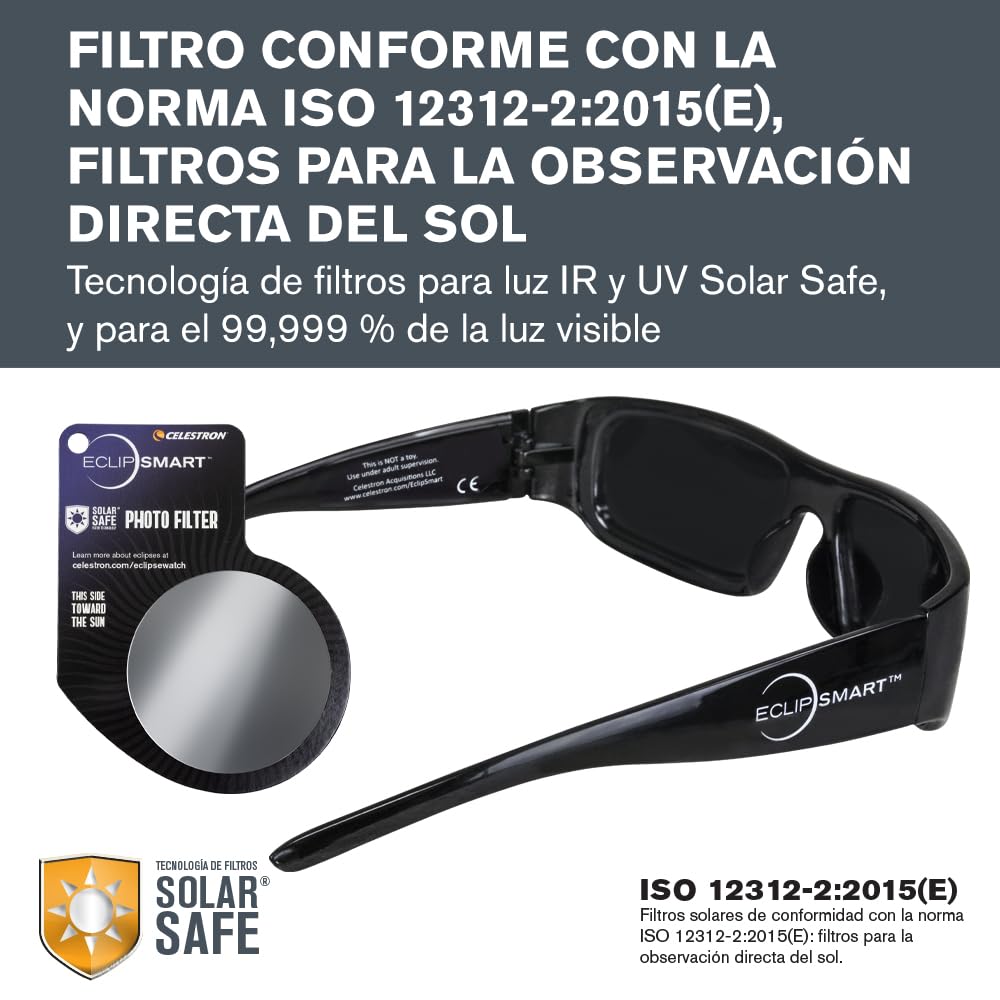 Celestron EclipSmart kit 3 piezas, observe y capture eclipses solares. Gafas solares, filtro para cámara y libro eclipses. Filtros conformes con norma internacional para observación directa del sol