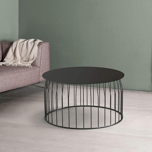 OCHS Modern Wire Side Table Metal Black Coffee End Side Table With D60cm Metal Dish Top (Black, Ø60 x 36.5 cm)