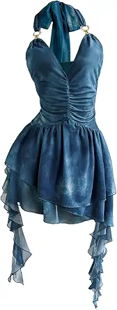SweatyRocks Women's Y2k Summer Dresses Flowy Mini Dress Ruffle Mesh Halter Dress