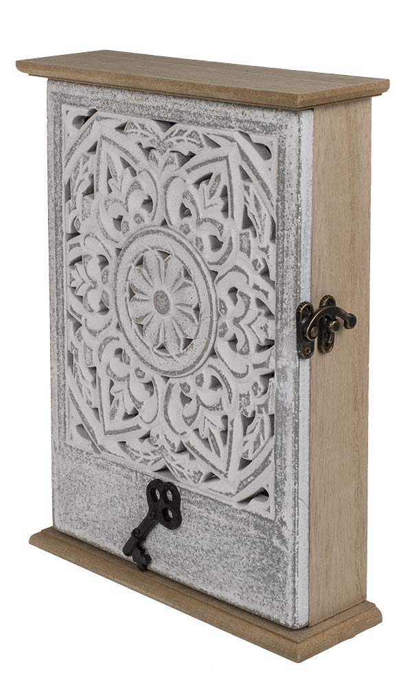 OOTB Holz-Schlüsselkasten mit Tür, weißes Blumendekor, 20x26,5cm, Weiß