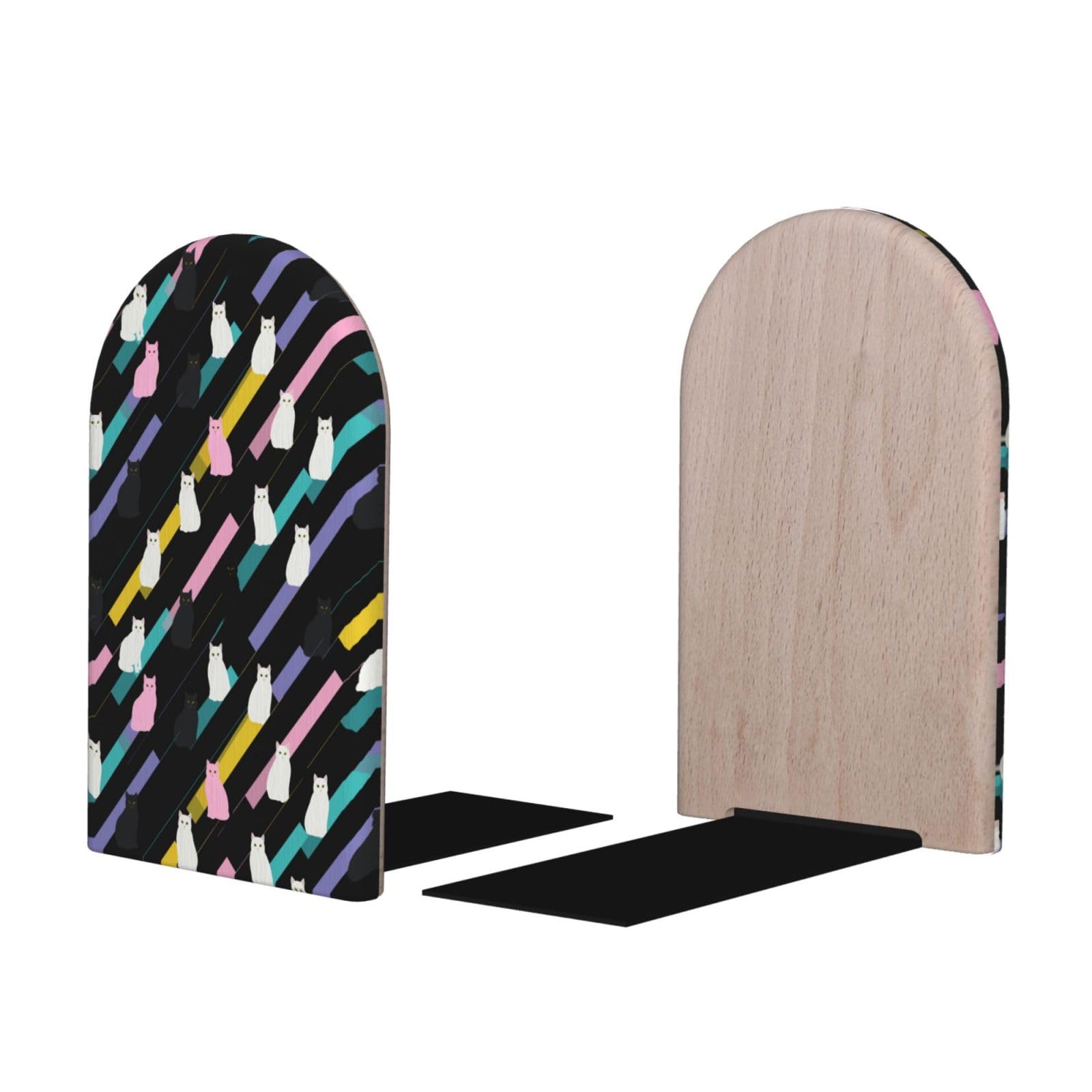 Rainbow Cute Cat Print BookEnds 1 Pair, Decorative Bookends for Heavy Books, Wood Book Ends for Shelves, Book Organizer for Home Desk Office Supplies