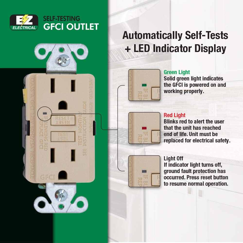Eastman Ground Fault Circuit Interrupter, Self-Test GFCI Receptacle with LED Indicator, 15 Amps, Ivory, 62168