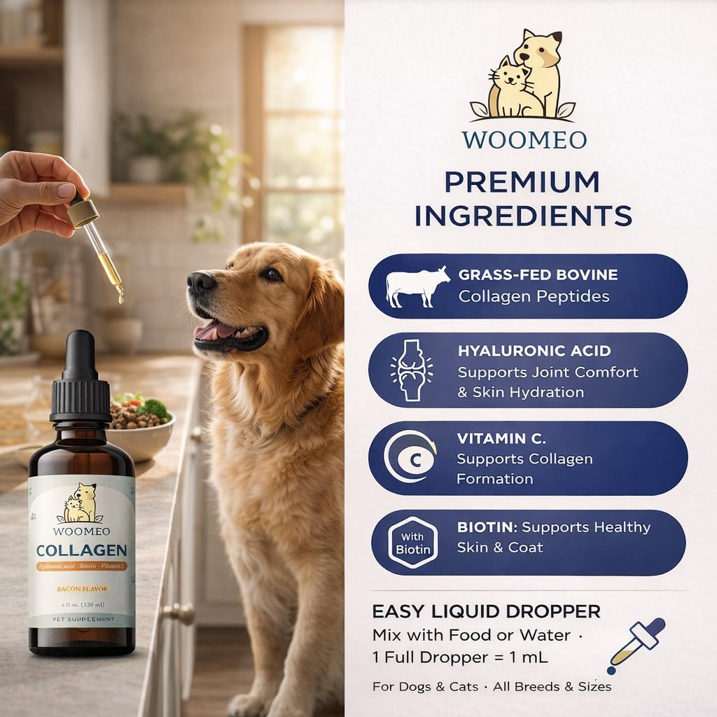 Liquid Collagen for Dogs & Cats with Hyaluronic Acid, Biotin & Vitamin C – Pet Collagen Supplement Drops, Bacon Flavor, Skin & Coat Support, Easy Liquid Dropper, 4 fl oz