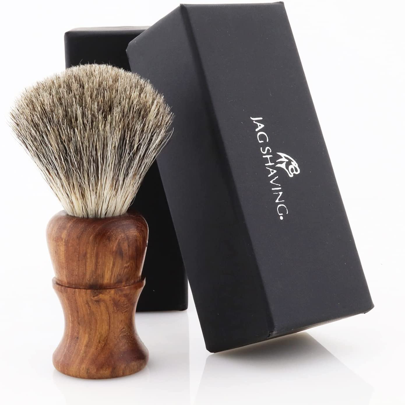 Jag Shaving Rasierset - Nachhaltige 4-teiliges Rasierset aus Holz - Super Dachshaar Rasierpinsel - 3 Rasierklingen Rasierhobel - Rasierständer - Ledertasche für Rasierhobel