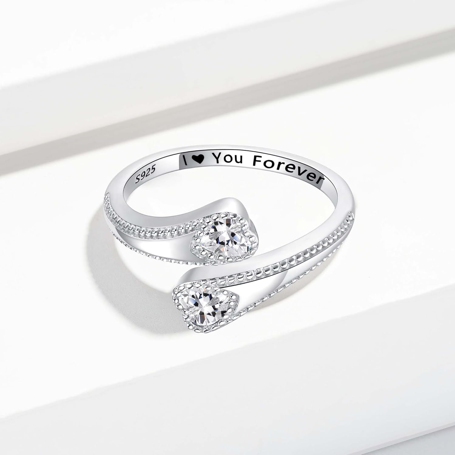 925 Sterling Silver Adjustable Heart Birthstone Rings for Women Open Double Love Heart Stones Rings for Mother Daughter Wife Birthday Gifts