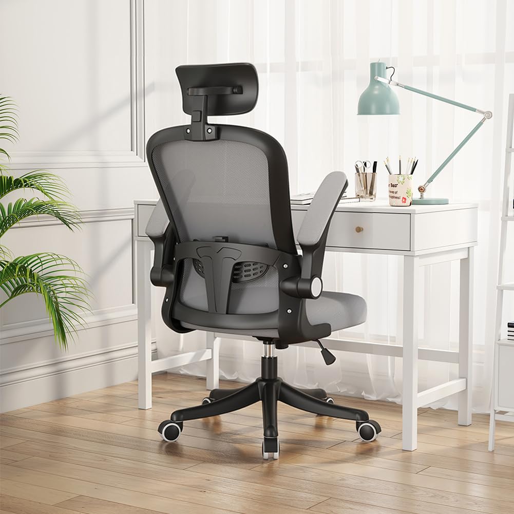 Ergonomic Office Chair with Lumbar Support & Headrest & Flip-up Arms Height Adjustable Rocking Home Office Desk Chairs for Teens and Adults (Black&Grey Mesh)
