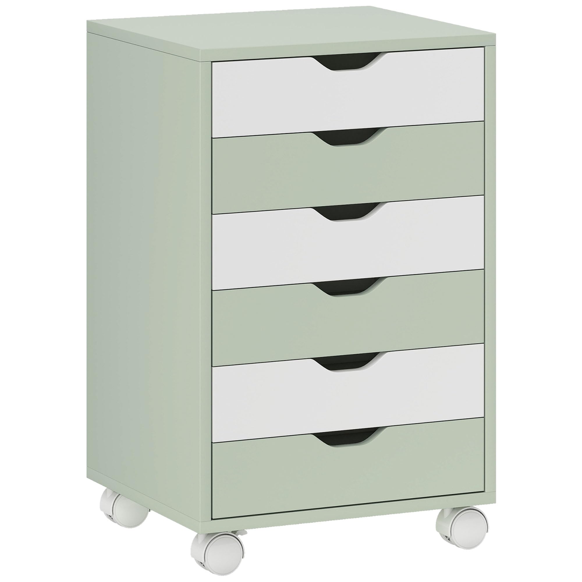 HOMCOM Cassettiera da scrivania, schedario mobile con 6 cassetti, supporto per stampante con rotelle, guide silenziose, per ufficio, casa, verde e bianco