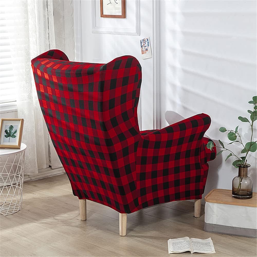 Stretch Wingback Chair Covers 2 Piece Wing Chair Slipcover for Armchair Modern Spandex Armchair Sofa Cover for Living Room Bedroom (Red Black Plaid)
