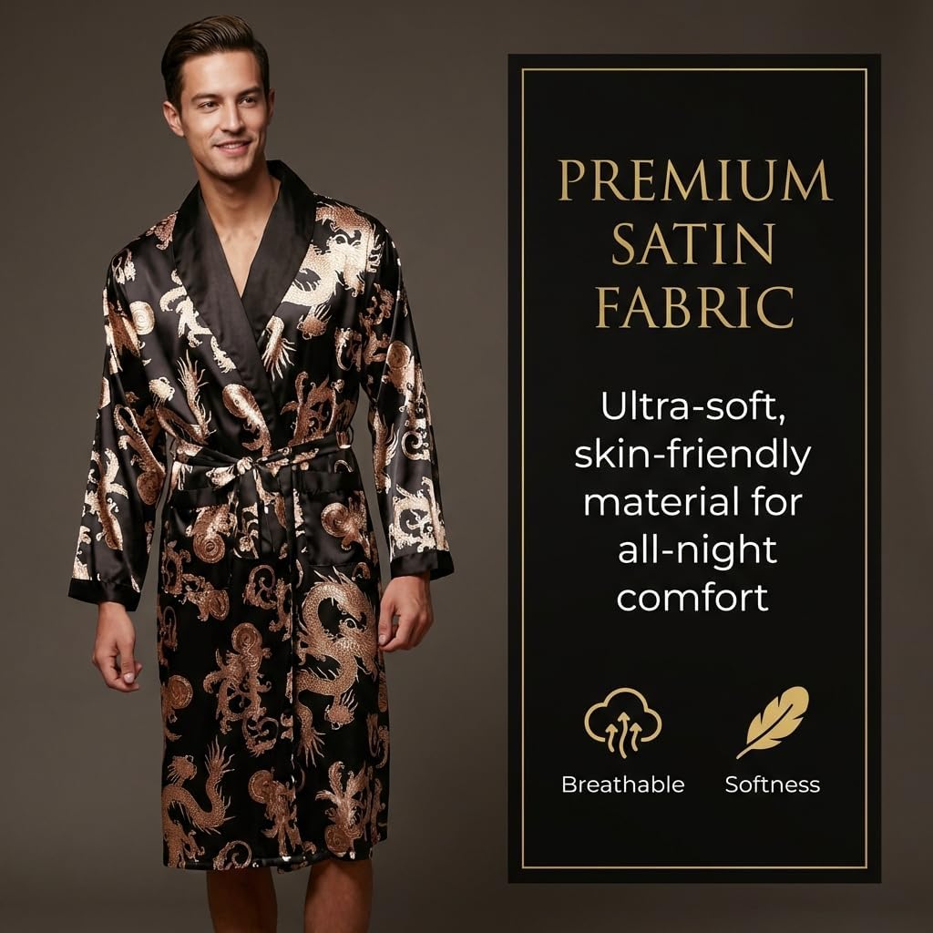 Mens Satin Robe Silk Long Sleeve Kimono Bathrobe Sleepwear Loungewear