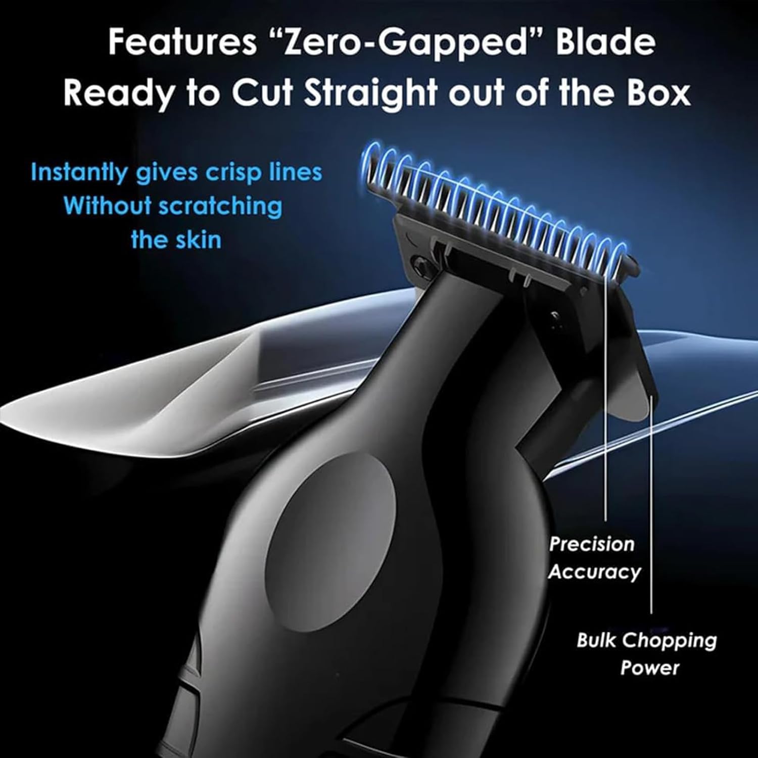 Image illustrating the key features of the Trimmer Plus Zero Gap Hair Clipper, including its zero-gapped razor sharp blade, easy-to-use design, long battery life, non-slip grip, and universal USB charging port.
