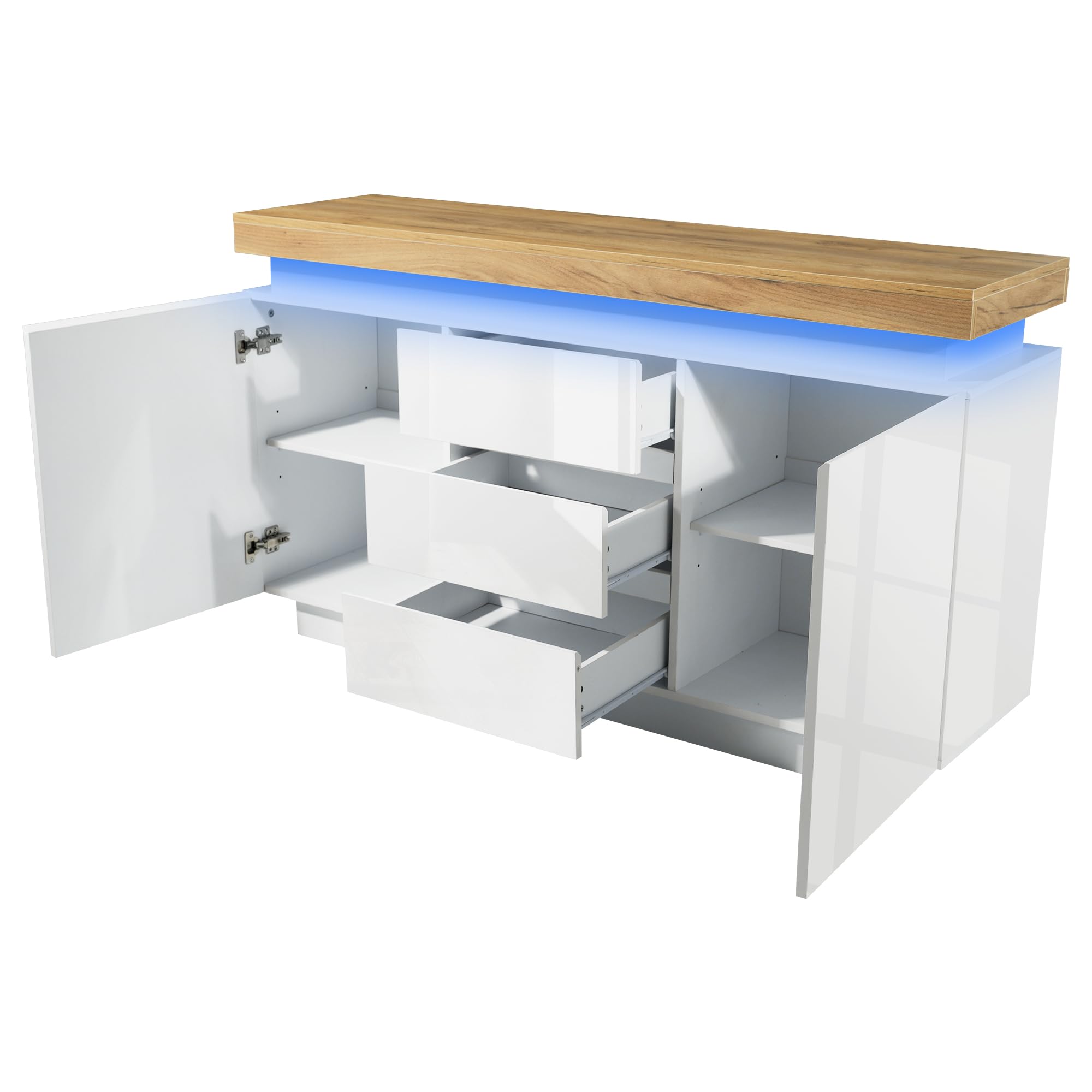 Moimhear Kommode, Hochglanz-Sideboard mit 2 Türen und 3 Schubladen, Stimmungsbeleuchtung (App-gesteuert), Multifunktionsschrank für Wohn- und Schlafzimmer, 81 x 140 x 39 cm, weiß