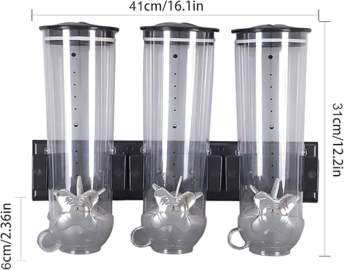 Miniatura 7 de Dispensador de cereales, dispensadores de dulces de tres cámaras con 3 tazas, dispensador de alimentos secos montado en la pared, dispensador de