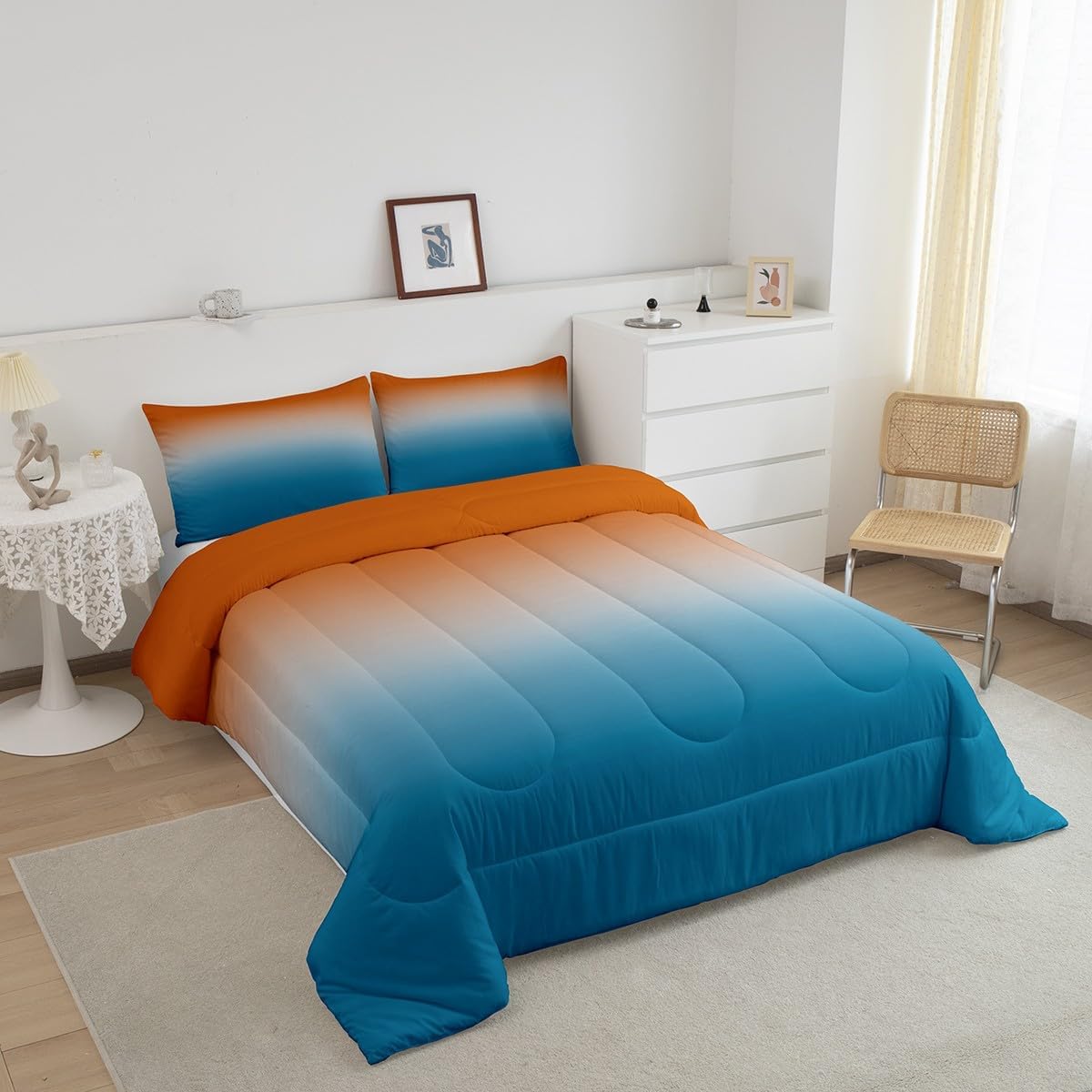 Erosebridal Orange and Blue Comforter Set Queen for Girls Boys Kids,Rainbow Ombre Bedding Set Aesthetic Room Decor for Women Men,Gradient Colorful Comforter Sets Abstract Quilt Bed Set 3Pcs