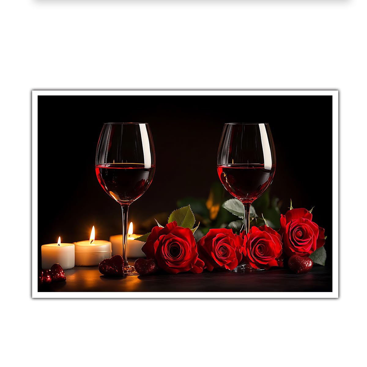 CHERHERART Romantic Candlelight Dinner Canvas Wall Art for Living Room Modern Red Floral Poster Elegant Glasses Roses Canvas Painting Prints 75x115cm Frameless