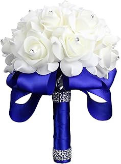 Tsultryofs Colorful Wedding Bouquets for Bride Artificial Bridal Bouquet Foam Rose Hand Bouquet for Bridesmaid Ribbon Fake Flowers for Wedding (B Royal Blue, 18cm*24cm)