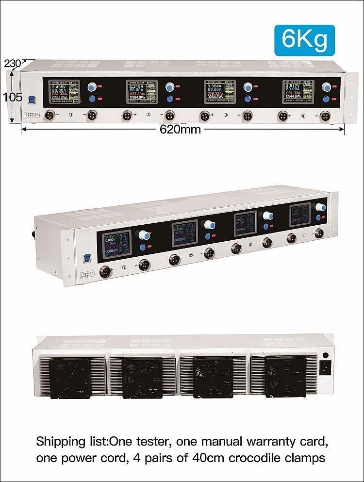 Battery Tester, High Precision 4 Channel 5V 50A Charge Discharge Detector Battery Pack Voltage Balance Lithium Battery Capacity Tester