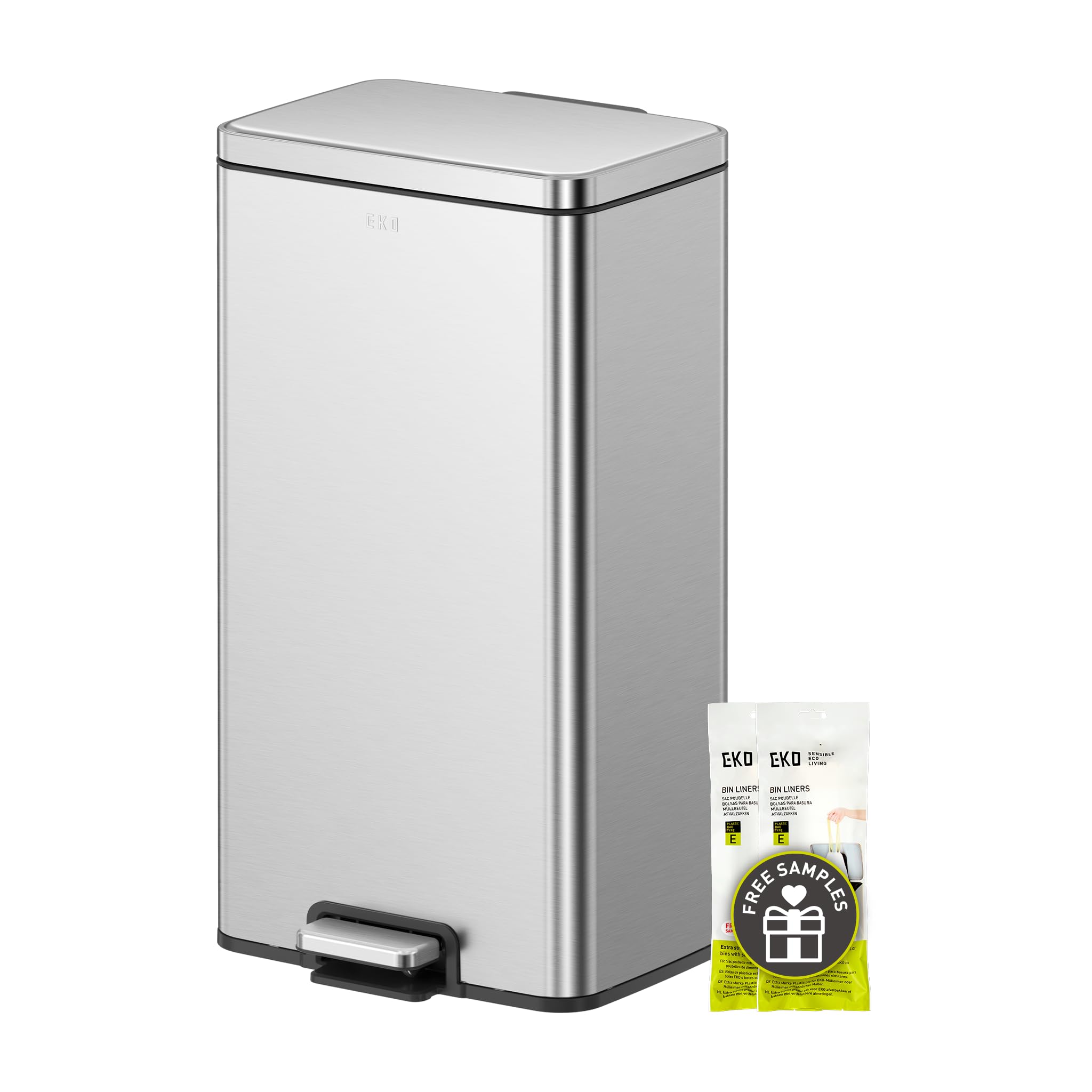 EKO Madison Mülleimer Küche 30L, Abfalleimer mit Pedal aus Fingerabdruckfreiem Edelstahl, Soft-Close Deckel & Inneneimer, Rechteckiger Kompakter Tretmülleimer mit Elegantem Robustem Design