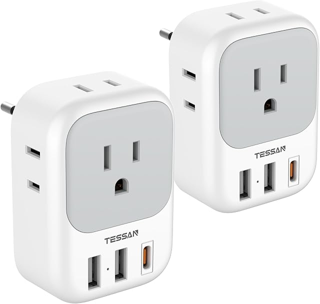 2 Pack European Travel Plug Adapter PD 20W, TESSAN Canada to Europe Plug Adapter with 4 AC Outlets, 3 USB Ports (1 USB C), 7 in 1 Type C Travel Power Adaptor for Most of Europe, Italy, France,Portugal