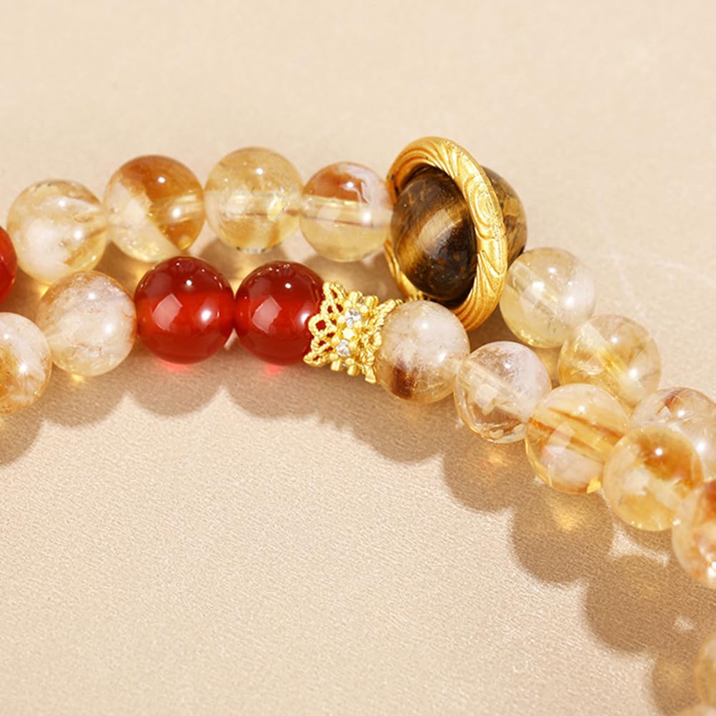 Bracciale in Cristallo a Sei Pietre: Quarzo Giallo, Agata Gialla, Agata Rossa, Occhio di Tigre Giallo, Occhio di Tigre Dorato e Gioielli con Perline di Pietra Luna Grigio Argento