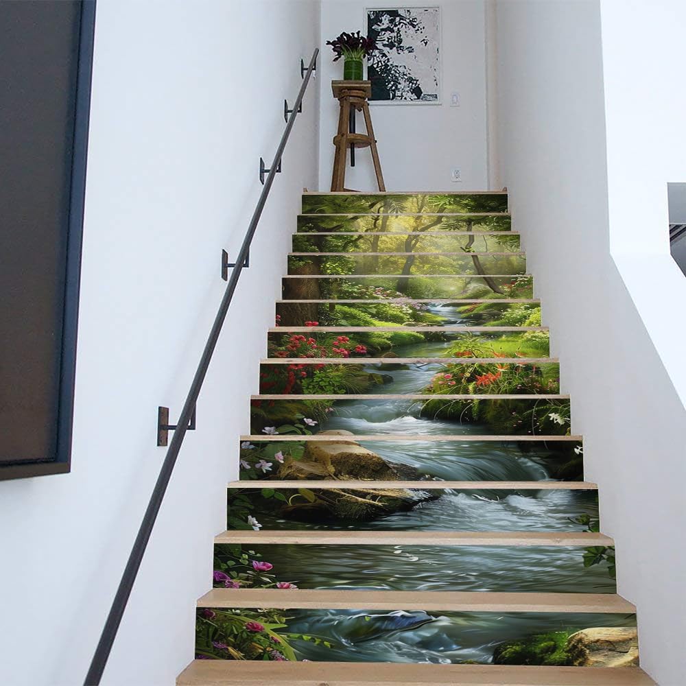 REDAMANCY Nature Forest River Landscape Peel and Stick Vinyl Stair Riser Decals Staircase Tile Stair Stickers Abstract Art Modern Decoration Self-Adhesive Home Decor Stair Decals (14 Pcs)