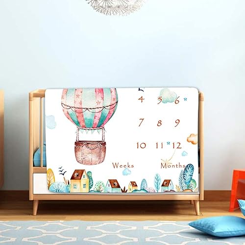 Miniatura 3 de BTMLLY74 - Manta mensual de hitos para bebé, globo aerostático de dibujos animados de ciudad, manta de memoria de 48 x 40 pulgadas, manta de