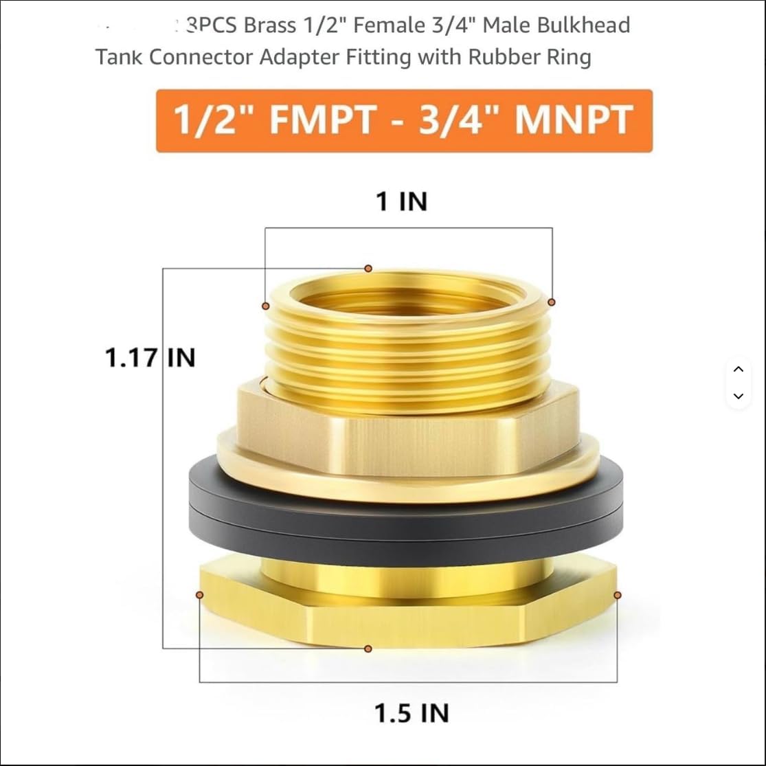 WineWell 1/2" Female NPT 3/4" Male NPT Solid Brass Bulkhead Fitting With 2 Rubber Rings Stablizing (25 pk)