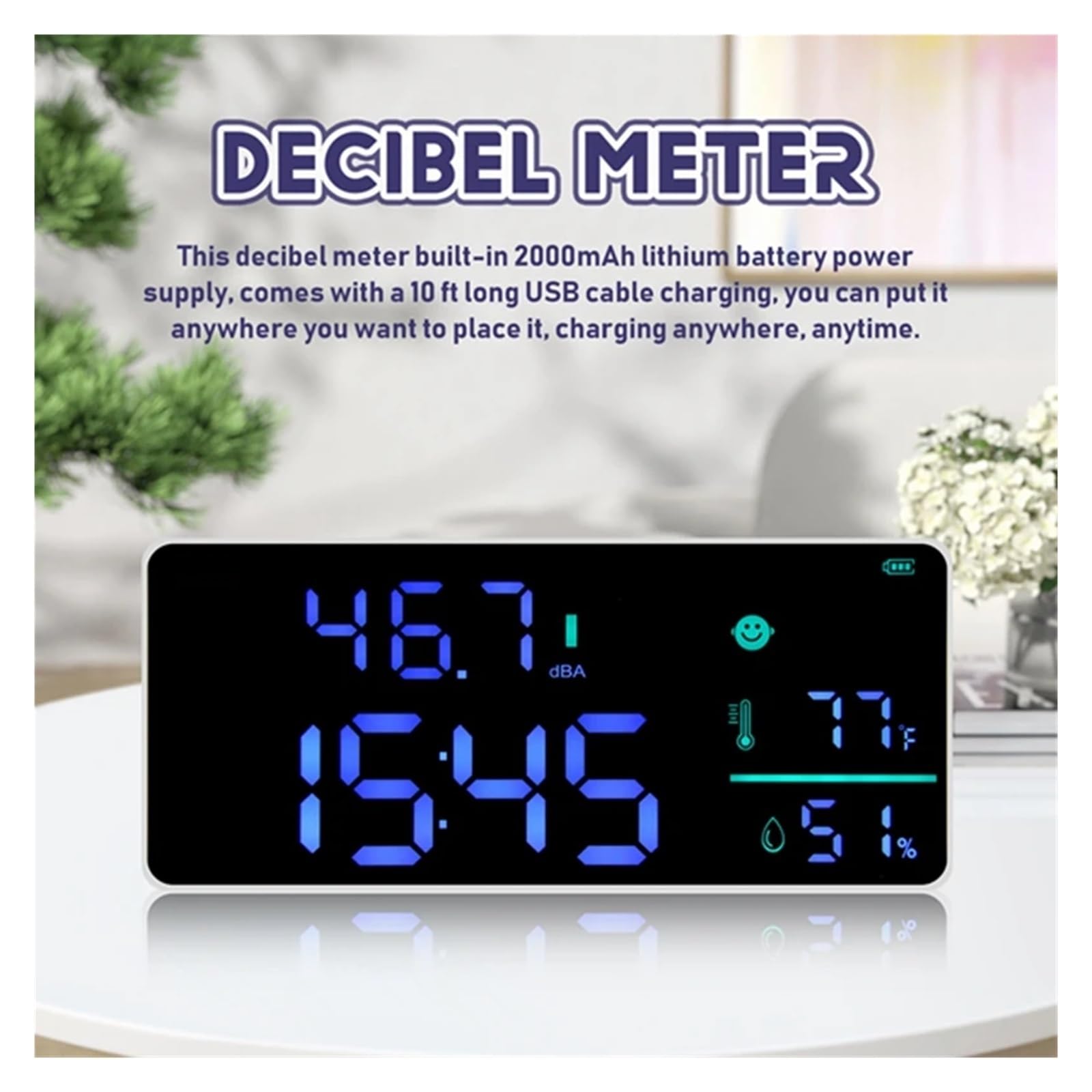 Medidor De Nivel Sonido For Colgar En La Pared, Rango 30 A 130 DB, Pantalla LED Grande 8,6 Pulgadas, Ruido, Tiempo Y Temperatura PrecisióN Extremadamente Alta