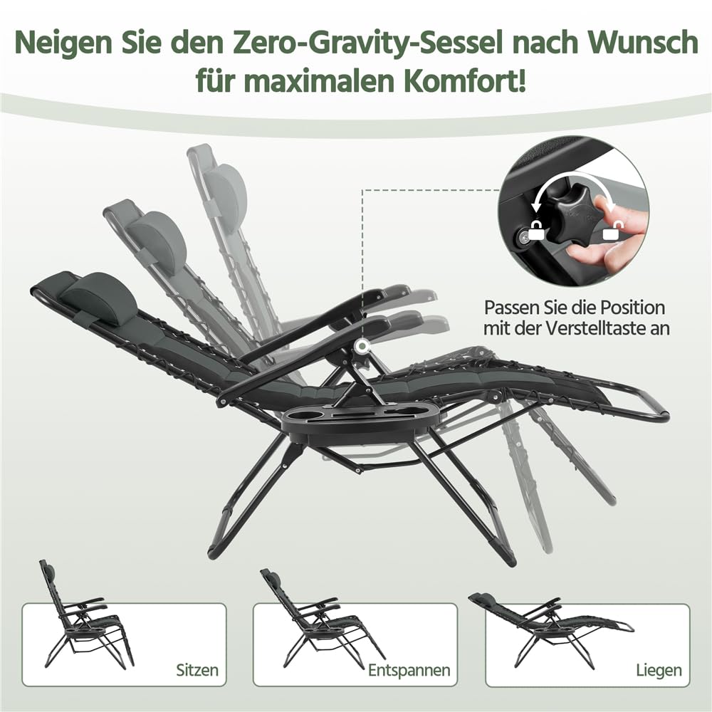 Yaheetech Sonnenliege Klappbar Wetterfest, Ergonomisches Gartenstuhl Gartenliege mit Verstellbarer Rückenlehne, Relaxliege inkl. Nackenkissen & Getränkehalter, Schwarz & Grau | Ergonomisches Gartenstuhl Gartenliege Relaxliege inkl. Nackenkissen & Getränke