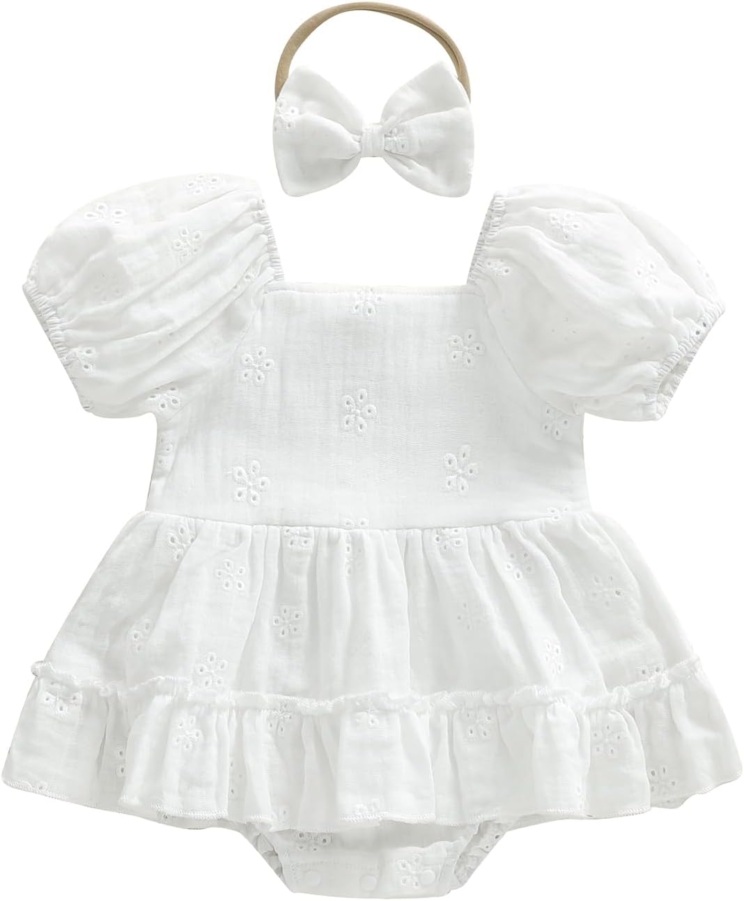 Kavousa Baby Girl Summer Outfits Newborn Flower Embroidered Eyelet Ruffled Hem Short Sleeve Romper and Bow Headband Set