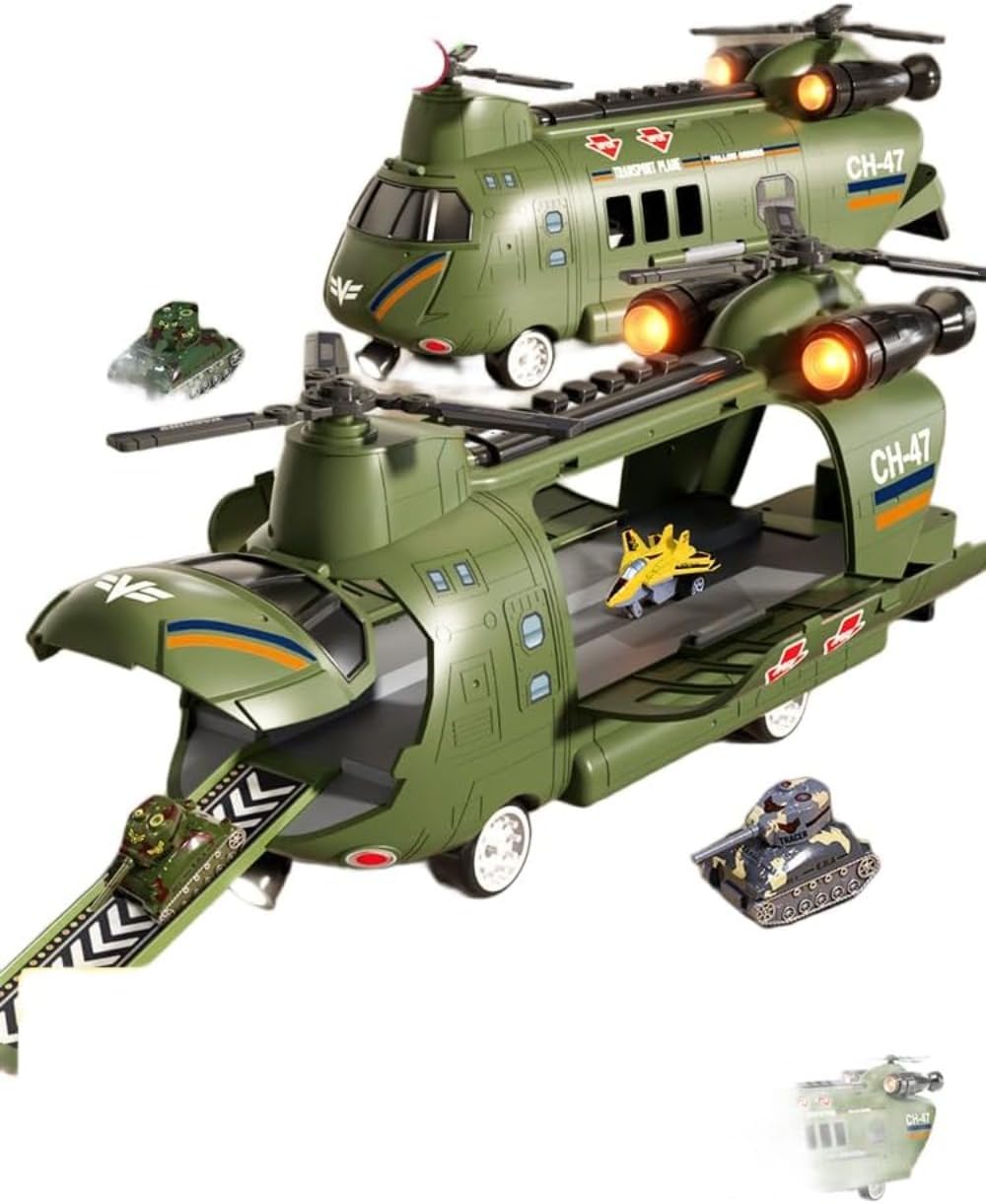 CokBu Transforming Helicopter Toy Inertia Slide Military Airplane Model with Sounds and Lights, Cabin Open/Close Alloy Mini Car Storage, Educational Toy for 4-6 Years Old Boys, Great Gift Chargeable