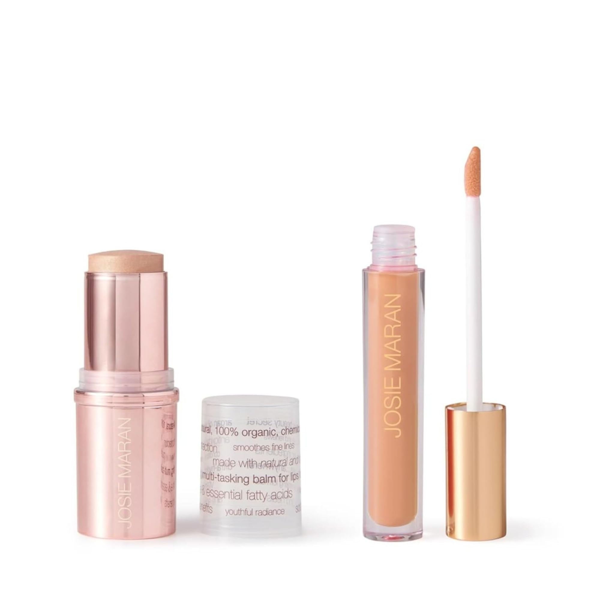 - Josie Maran Color Stick & Lip Gloss Makeup Set - Argan Oil-Based Makeup Balm for Lips, Cheeks & Eyes + Hyaluronic Acid Infused Plumping Lip Gloss (2 Piece Set)